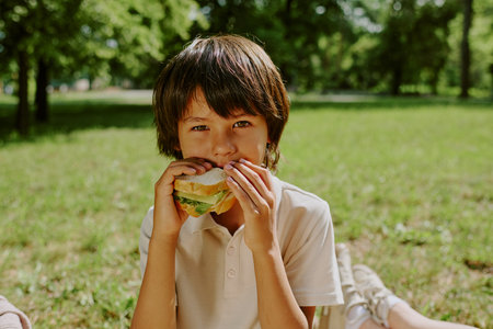 Portrait of biracial boy child sitting outdoors in park holding sandwich with both hands, eating lunch looking at camera surrounded by green grass and trees in backgroundの写真素材