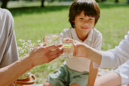 Biracial child sitting on grass in park smiling while two adults clinking glasses of water in...