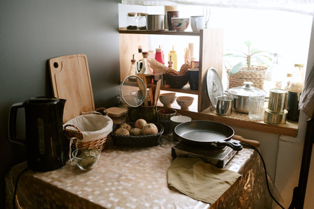 Kitchen countertop displaying electric kettle, frying pan on portable stove, cutting board, baskets with potatoes, various bowls, jars, and potted plant near windowの写真素材