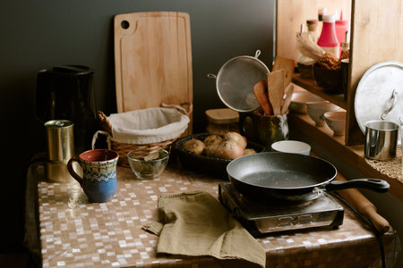 Kitchen table displaying frying pan on portable stove, ceramic mug, bread rolls in basket, wooden utensils, cutting board, onions, and various kitchenwareの写真素材