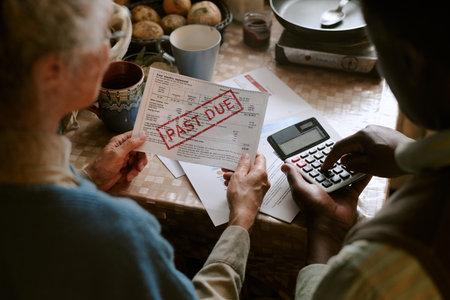 Senior Caucasian woman and senior Black man reviewing overdue utility bill with past due notice,...