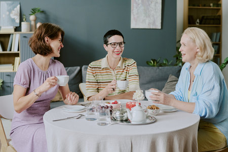 Three middle aged Caucasian women sitting at round table drinking tea and smiling, engaging in friendly conversation, enjoying assortment of desserts and fruits together indoorsの写真素材