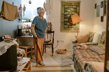 Senior Caucasian woman standing with cane in modest living room, wearing glasses and smiling gently, surrounded by simple furnishings and household items, showing signs of povertyの写真素材