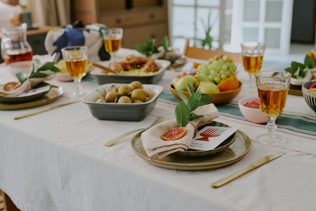 Kwanzaa table setting featuring kinara card, fruit bowl, assorted dishes, glasses of juice arranged...