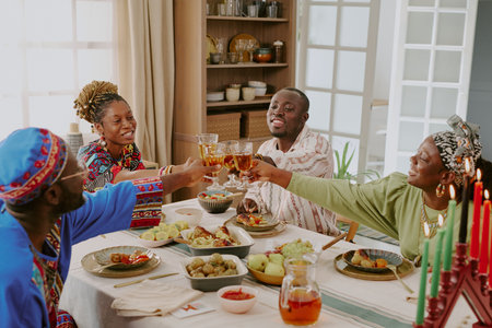 Group of Black adults celebrating Kwanzaa, sitting around dining table, raising glasses in toast, smiling and enjoying traditional meal, kinara with candles visible on tableの写真素材