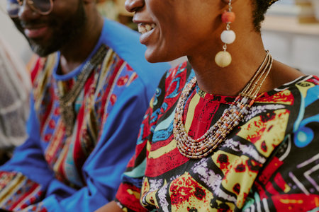 Black woman and Black man sitting together smiling and talking during Kwanzaa celebration, both...