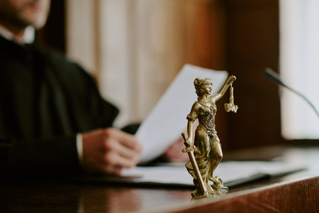 Caucasian man in judicial robe reviewing documents at courtroom desk with bronze Lady Justice statue in foreground symbolizing law and fairness, focus on legal professionの写真素材