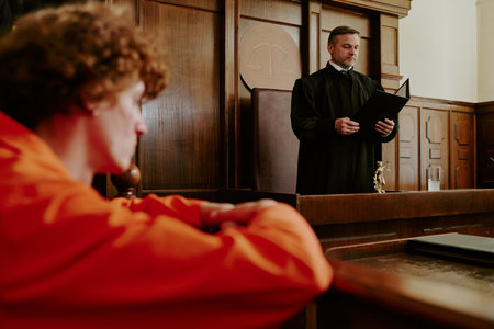 Caucasian middle aged male judge reading legal document while Caucasian young adult man in orange prison uniform sitting at courtroom table during trial proceedingsの写真素材