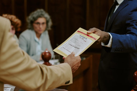 Middle aged man handing evidence envelope to man in suit during courtroom trial, two middle aged...