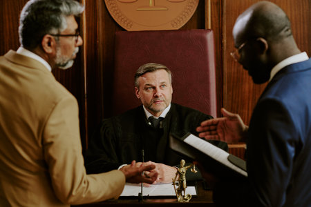 Middle aged Caucasian male judge sitting at bench listening to arguments from middle aged biracial man and Black man, standing in courtroom discussing legal caseの写真素材