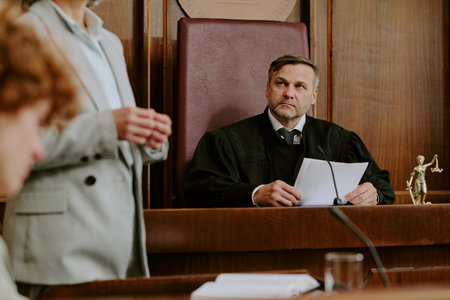 Middle aged Caucasian man wearing judge robe sitting at bench holding documents, listening attentively to young adult Caucasian man standing and speaking in courtroomの写真素材