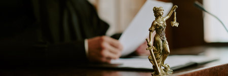 Caucasian middle aged man holding legal documents in courtroom background, bronze Lady Justice statue standing in foreground symbolizing law and justice, judge working at deskの写真素材