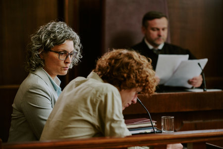 Caucasian middle aged woman sitting beside Caucasian teenage boy at courtroom table, both focusing...