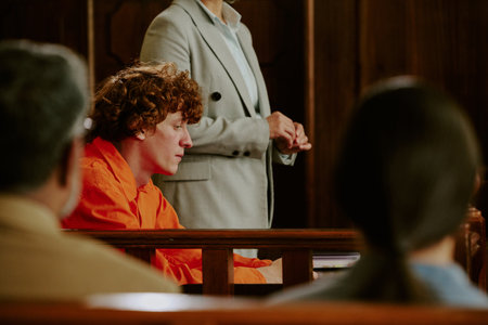 Caucasian young adult man sitting in courtroom wearing orange jumpsuit, listening attentively while legal professional standing nearby, people observing proceedings in foregroundの写真素材