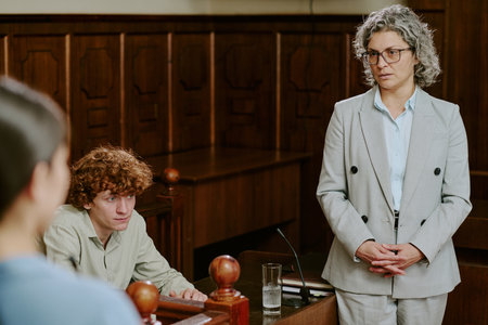 Caucasian middle aged woman standing and listening attentively in courtroom while Caucasian young...