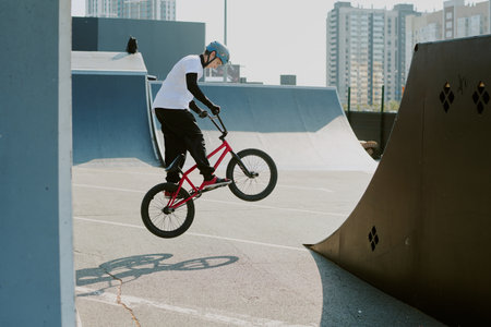 Teenager boy performing trick on BMX bike at urban skatepark, wearing helmet and protective gear, jumping off ramp with city buildings in background, showing active lifestyleの写真素材