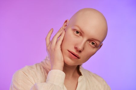Portrait of young adult Caucasian woman with alopecia touching face, looking directly at camera against gradient background, showcasing smooth scalp and natural featuresの写真素材