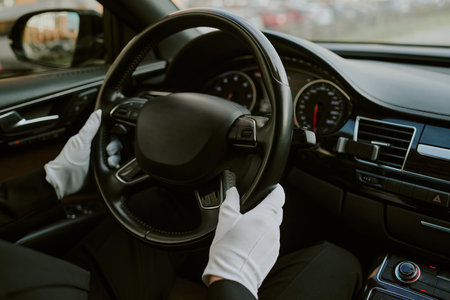 Caucasian middle aged man wearing gloves driving luxury car, hands gripping steering wheel, dashboard and instrument panel visible, professional chauffeur service conceptの写真素材