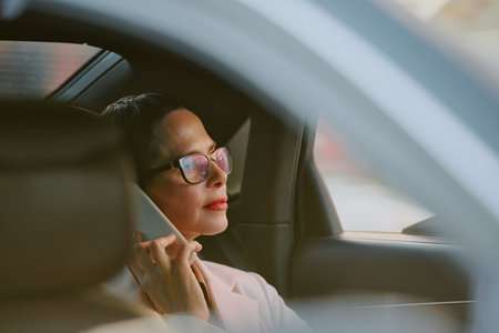 Middle aged woman sitting in car talking on smartphone, wearing eyeglasses, looking out window with thoughtful expression, holding phone to ear, business travel conceptの写真素材