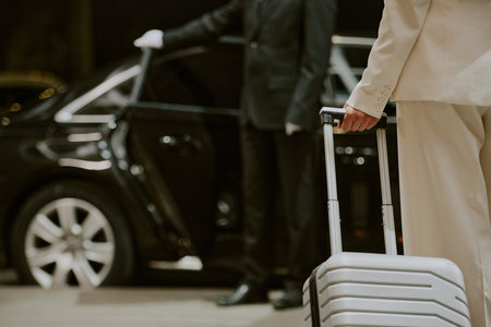 Caucasian middle aged man holding suitcase standing near luxury car while chauffeur in uniform opening door, business travel concept, partial body view, no faces visibleの写真素材