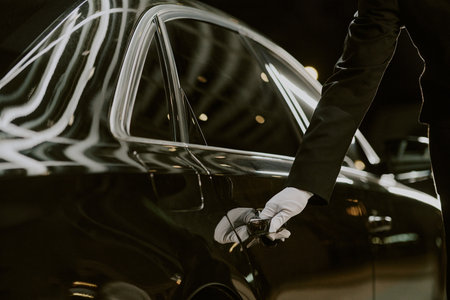 Caucasian middle aged man wearing glove opening car door, only arm and hand visible, luxury vehicle reflecting lights in background, professional chauffeur service conceptの写真素材