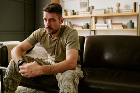 Caucasian young adult man sitting on couch leaning forward with hands clasped looking thoughtful wearing military camouflage pantsの写真素材