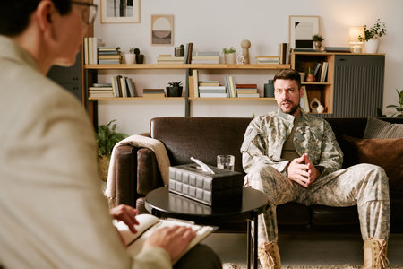 Caucasian young adult man in military uniform sitting on couch talking to middle aged Caucasian woman psychologist holding notebook during therapy session in officeの写真素材