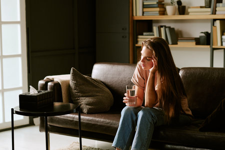 Caucasian young adult woman sitting on sofa holding glass of water with hand on head appearing stressed or deep in thought, tissue box on table suggesting emotional or psychological distressの写真素材