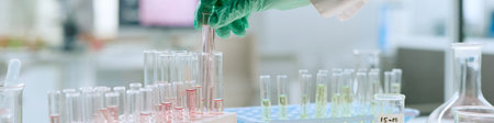 Website banner of hand wearing protective glove handling test tube with liquid in laboratory, conducting medical experiment with multiple glass tubesの写真素材