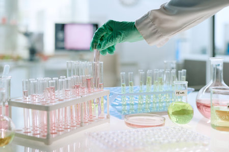 Male hand wearing green glove handling test tube among laboratory glassware with colorful chemical liquids on table in modern medical research laboratoryの写真素材