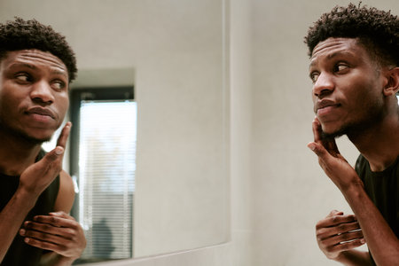 Young adult man touching face and examining skin in bathroom mirror during morning routine, standing with thoughtful expression, natural light coming through windowの写真素材