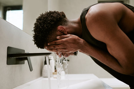 Young adult man washing face at bathroom sink in morning, leaning forward with hands cupping water, short curly hair visible, starting daily skincare routineの写真素材