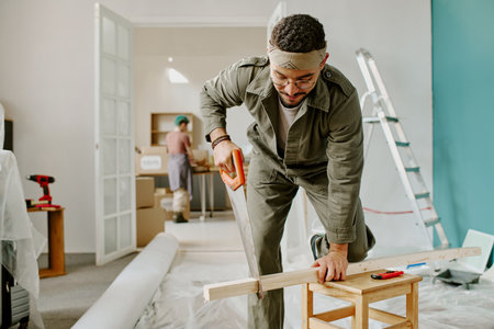 Young man sawing wooden plank while kneeling on chair, young Caucasian woman unpacking boxes in...