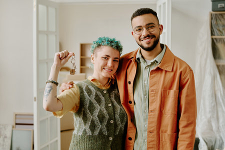 Young adult woman with short curly blue hair holding keys standing next to young adult man smiling,...