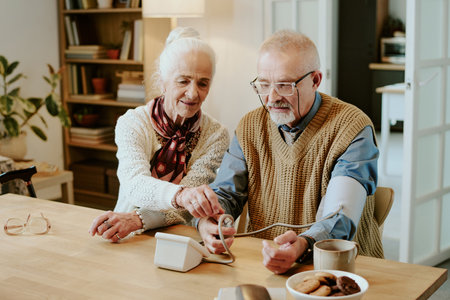 Senior Caucasian woman assisting senior Caucasian man measuring blood pressure with digital monitor...