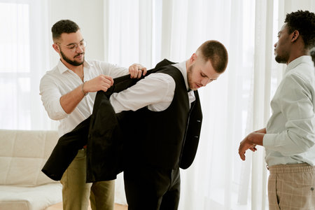 Young adult Caucasian man helping another young adult Caucasian man put on suit jacket while young adult Black man standing nearby during wedding celebrationの写真素材