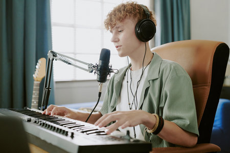 Teenage boy wearing headphones playing electronic keyboard and singing into microphone while...