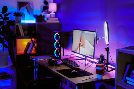 Modern home gaming setup featuring desktop computer with RGB lighting, large monitor displaying...