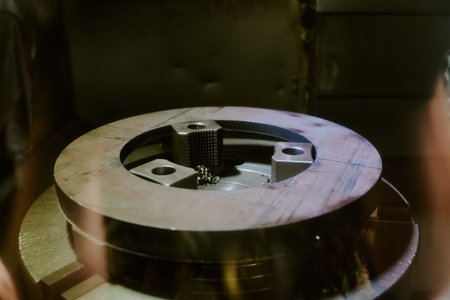 Industrial machine part featuring circular metal platform with embedded components and small metallic spheres resting inside, showcasing precision engineering and manufacturing processの写真素材