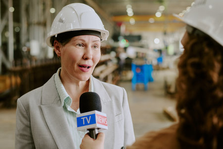 Portrait of middle aged Caucasian woman wearing hard hat speaking during interview with female reporter holding microphone in industrial warehouse setting, background showing factory equipmentの写真素材