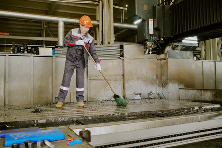 Middle aged Caucasian woman wearing protective helmet sweeping industrial workshop floor with broom,...