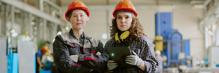 Website banner of Caucasian women standing in industrial factory, wearing protective helmets and...