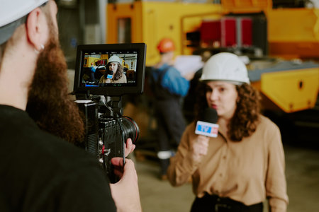 Caucasian young adult woman reporter wearing hard hat holding microphone interviewing middle aged...