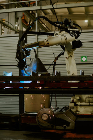 Industrial robotic arm welding metal components in factory setting, generating sparks during...