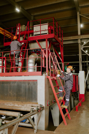 Two middle aged Caucasian women working on industrial machinery, one climbing metal stairs while...