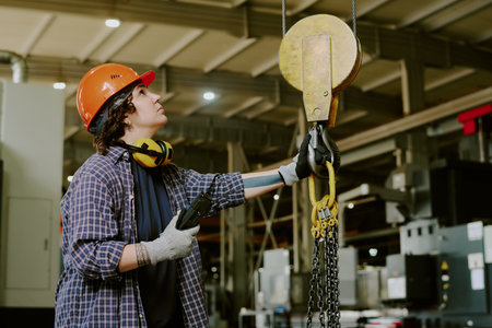 Young adult Caucasian woman operating industrial crane in factory, wearing protective helmet and...