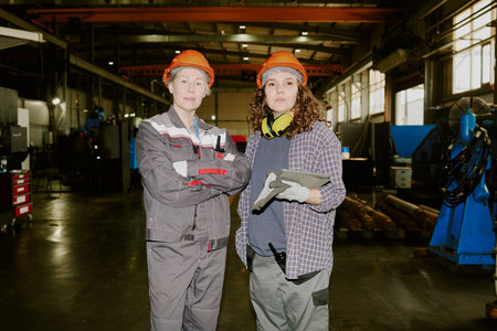 Two women standing in industrial factory wearing protective helmets, one crossing arms while other holding gloves and clipboard, both looking confidently at cameraの写真素材