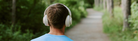 Website banner with young adult man walking outdoors on forest path wearing wireless headphones,...