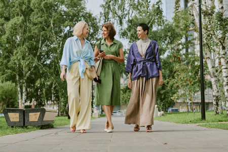 Three middle aged women walking together outdoors in park, smiling and talking, trees and city buildings visible in background, casual summer clothingの写真素材