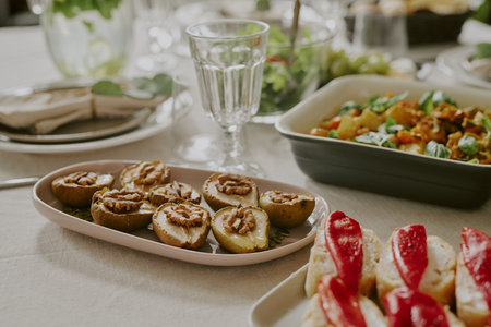 Closeup showing plate with baked pear halves topped with walnuts on dining table surrounded by...